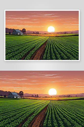 日落背景下农业风景农村场景图片