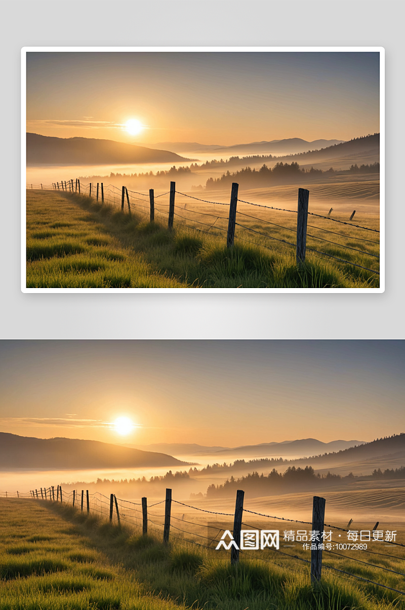 日出时黑麦田雾山背景老栅栏景观视图图片素材