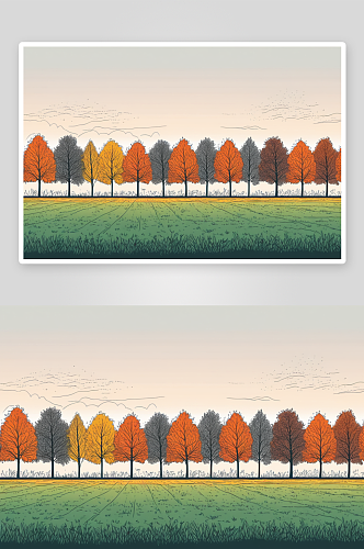 秋天田野树木映衬着晴朗天空公园图片