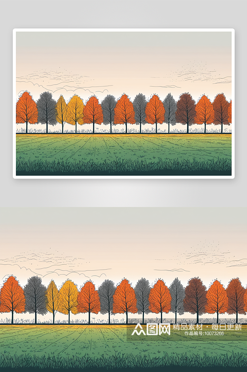 秋天田野树木映衬着晴朗天空公园图片素材