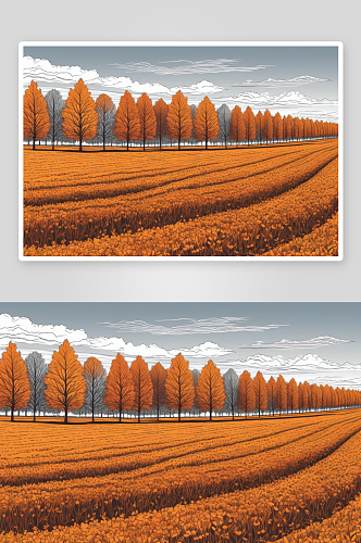 秋天田野树木衬着天空图片