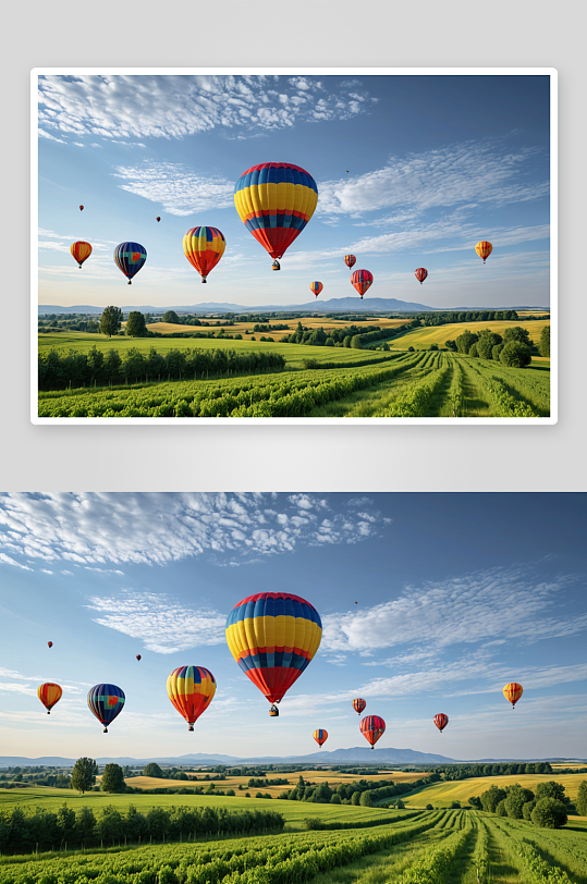 五颜六色热气球乡村空映衬着蓝天图片
