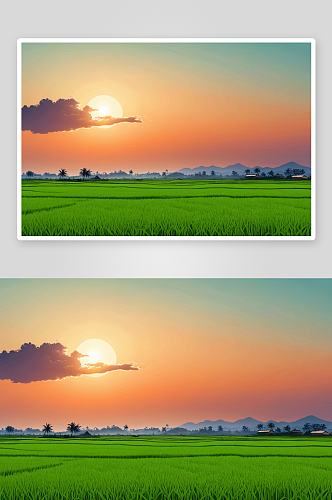 太阳落山时绿色水稻农场图片