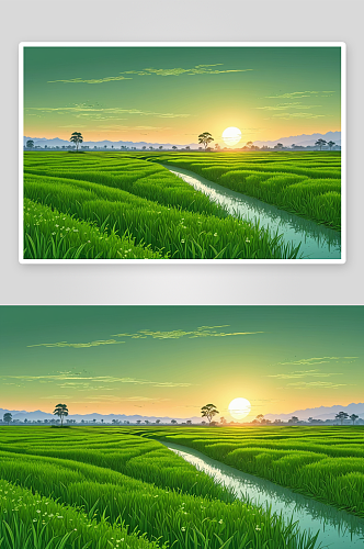 太阳落山前绿色稻田里草花图片