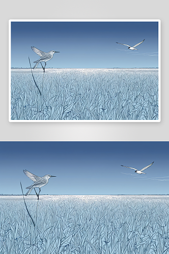 一只鸟蓝天背景下稻田里觅食图片