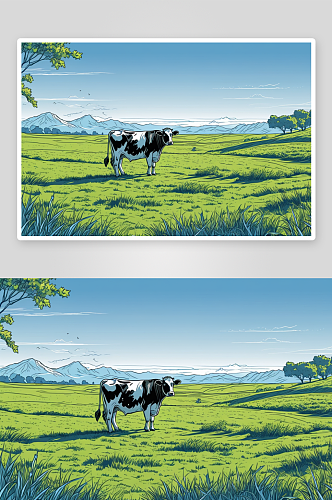 一头奶牛草地吃草衬着湛蓝天空图片