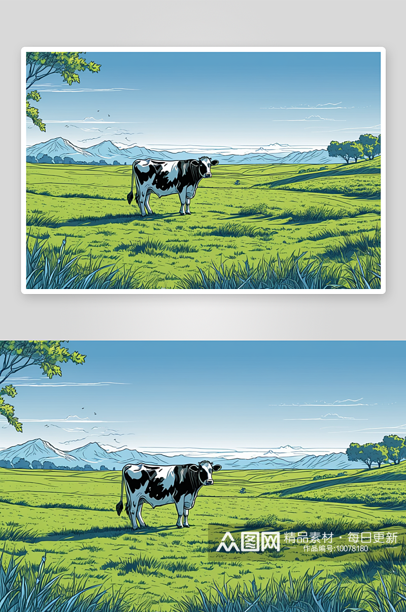 一头奶牛草地吃草衬着湛蓝天空图片素材