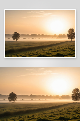 一幅宁静图片清晨薄雾滚动平原图片