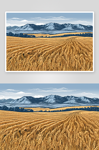正面收割麦田背景一座山晴朗天空图片