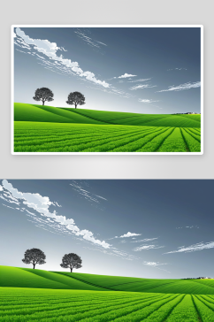 小树天空衬托着农田风景图片