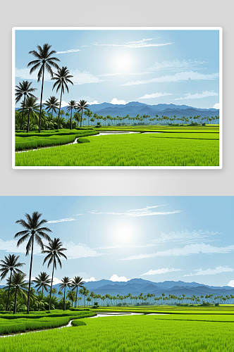 乡村风景中棕榈树环绕稻田图片