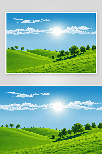 夏天蓝天阳光下山坡树木绿草地图片