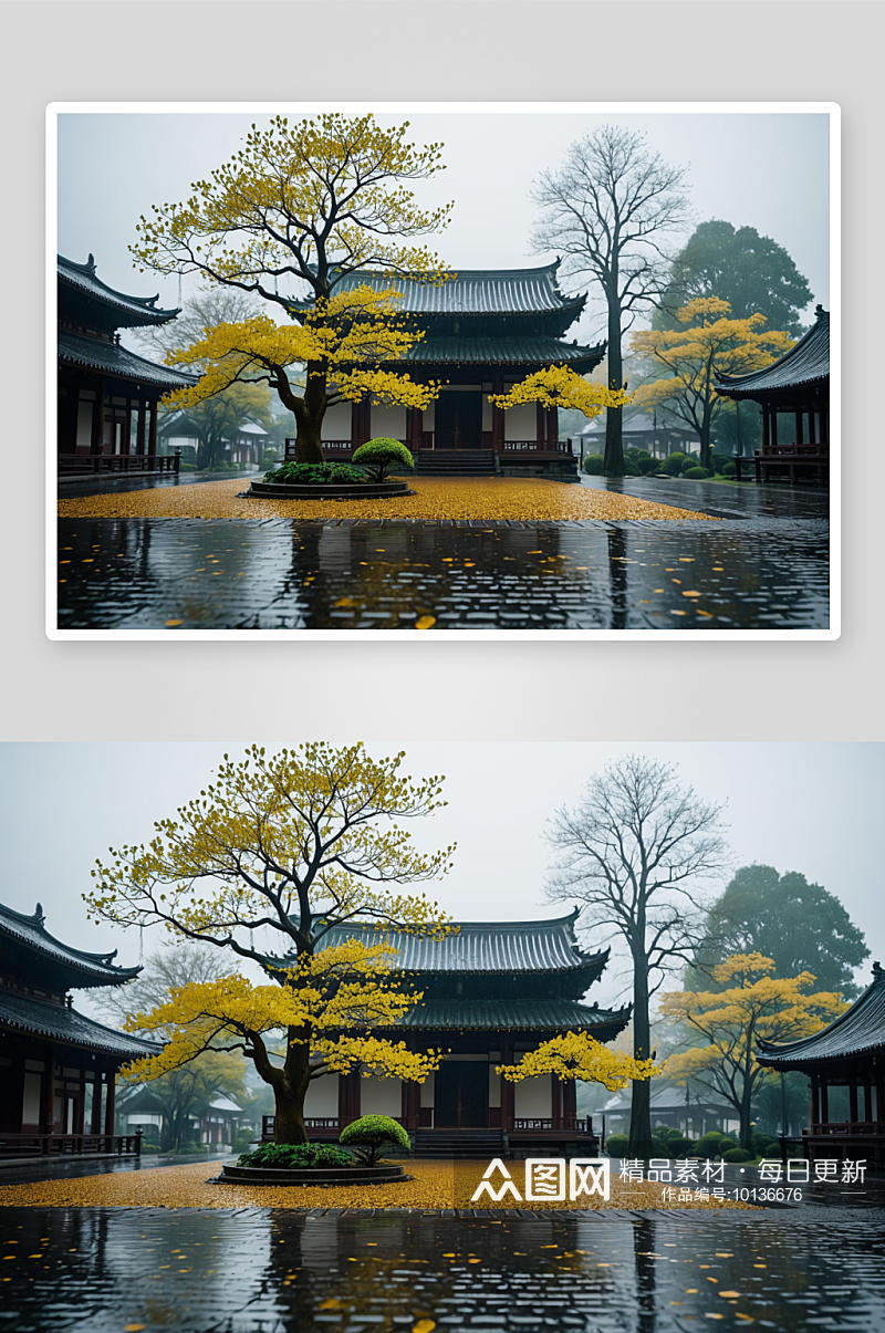 雨中寺庙银杏树雨中内银杏树图片素材