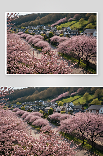 乡村居民房旁樱花树林图片