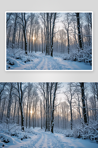 天气晴朗傍晚雪后雪乡森林公园图片