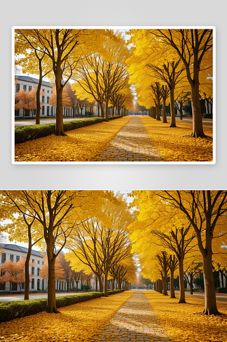 秋天校园里银杏树落叶深秋黄叶图片