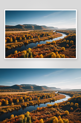 秋天草原河流树林图片