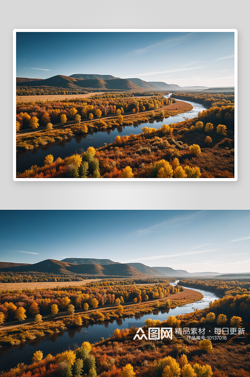 秋天草原河流树林图片素材