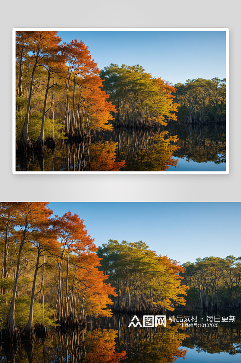 秋季中落羽杉红树林湖中倒影图片素材