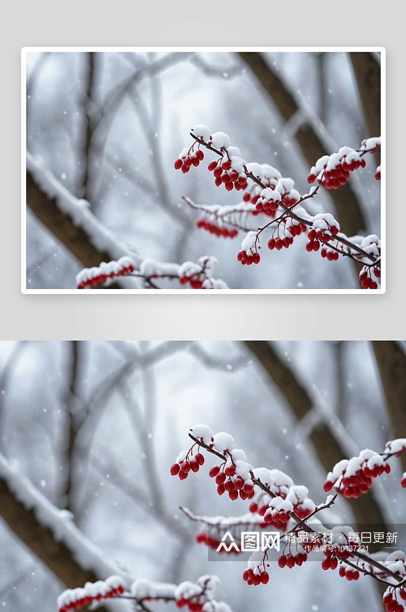 红豆树枝下雪风光图片素材