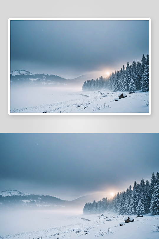 大雪封山雨雾缭绕景观图片