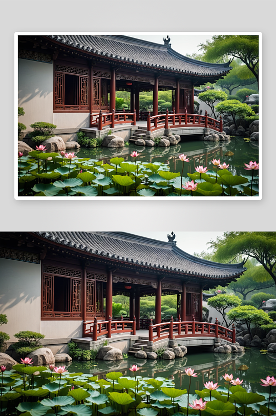 中式园林古典建筑荷塘景观设计图片