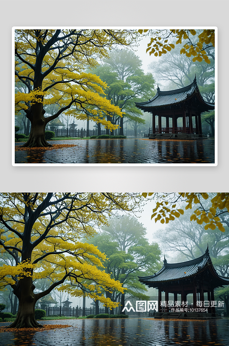 雨中寺庙银杏树雨中内银杏树图片素材