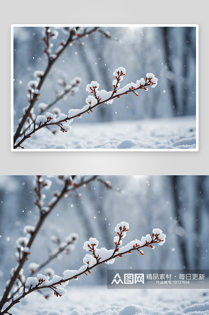 雪中要发芽树枝图片素材