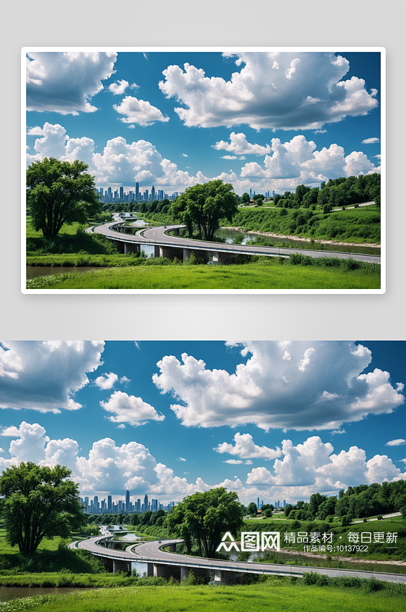 蓝天白云城景观道路河流房地产壁纸图片素材
