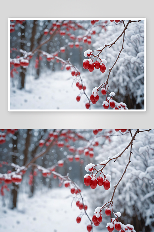 红豆树枝下雪风光图片