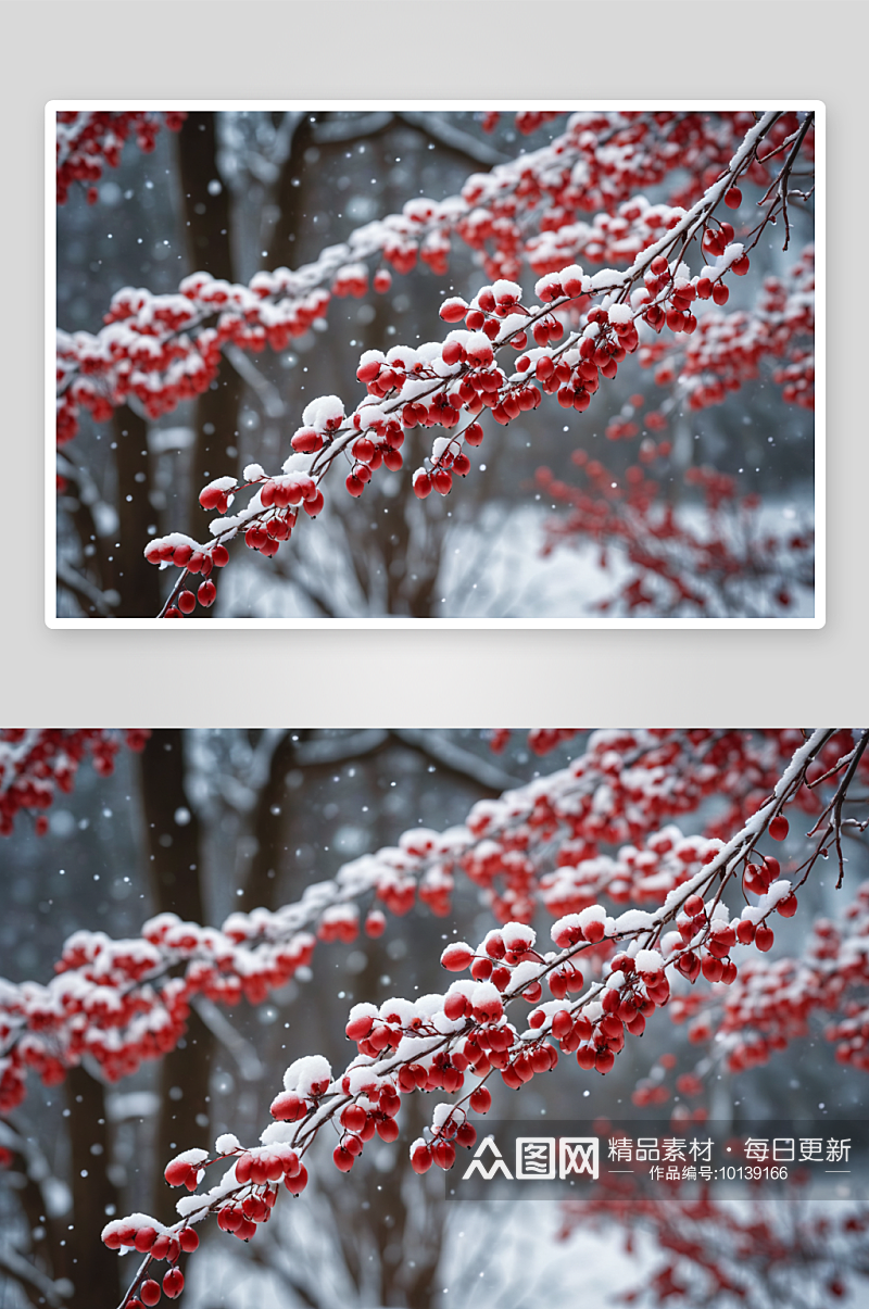 红豆树枝下雪风光图片素材