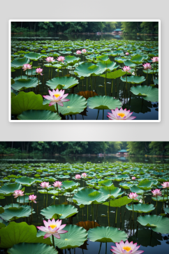 室外公园荷塘湖水中清新美丽荷花荷叶图片