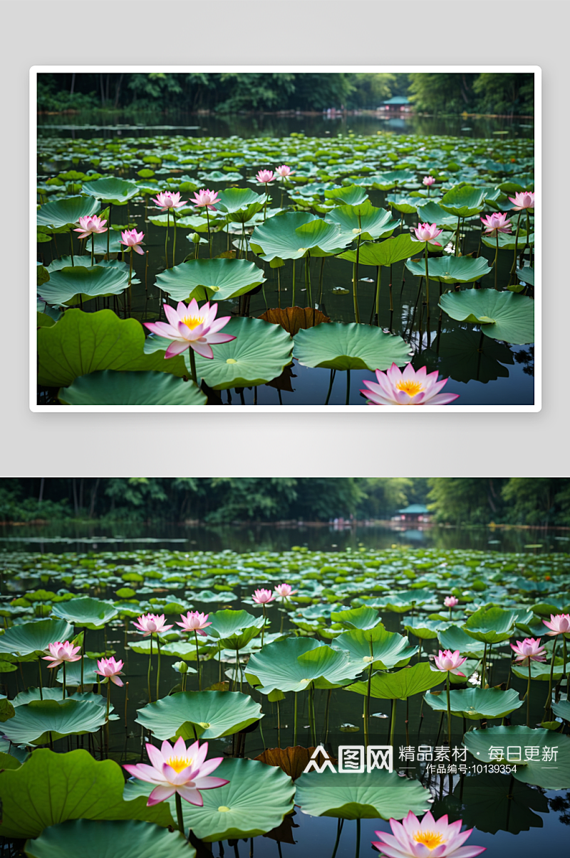 室外公园荷塘湖水中清新美丽荷花荷叶图片素材