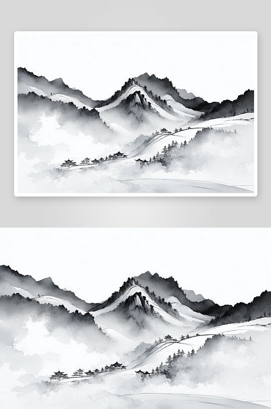 新中式风格水墨山水风景插画图片