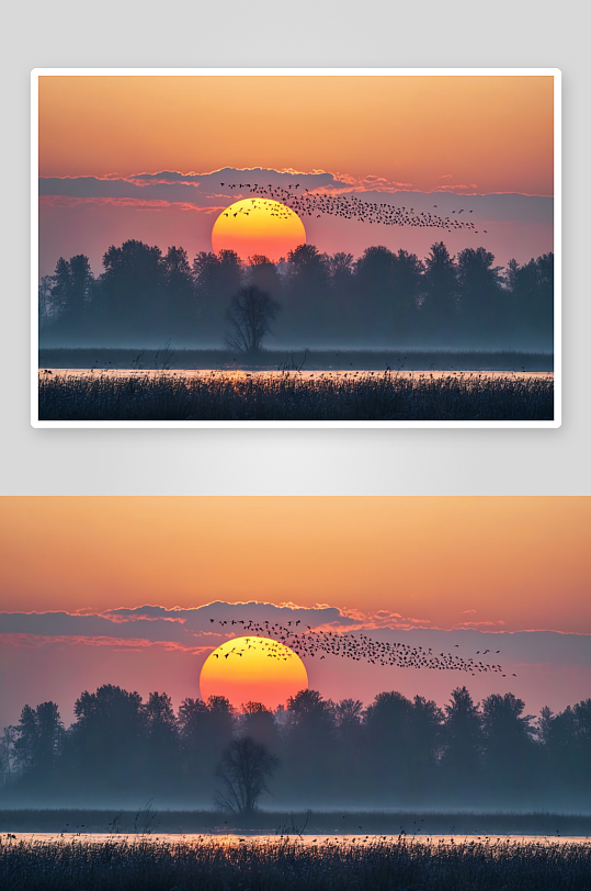 湖黎明时分一群飞鸟刚刚跳出地平线太阳图片