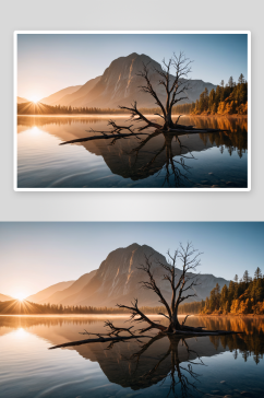湖枯树山日出图片