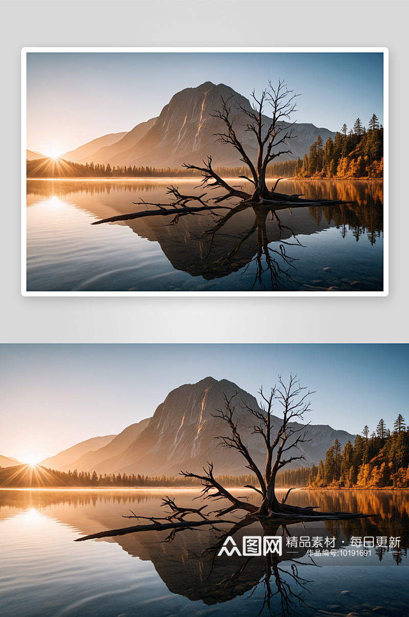 湖枯树山日出图片素材