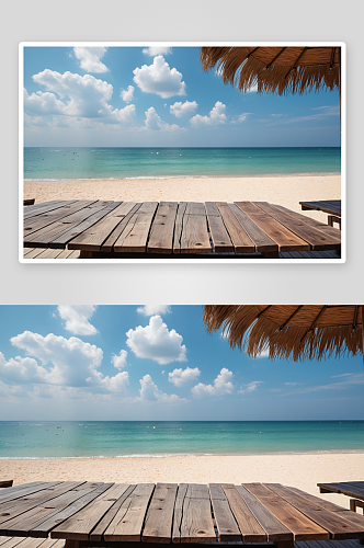 海边沙滩伞下空木桌图片