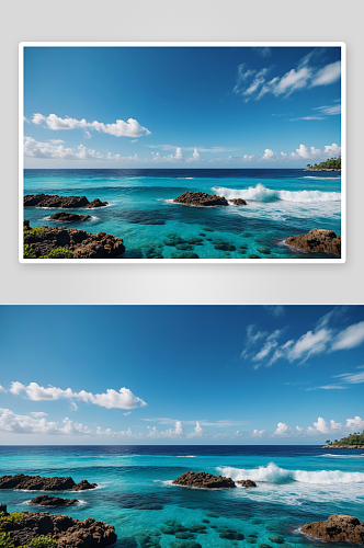 风景优美海洋海岸边珊瑚礁蓝天图片