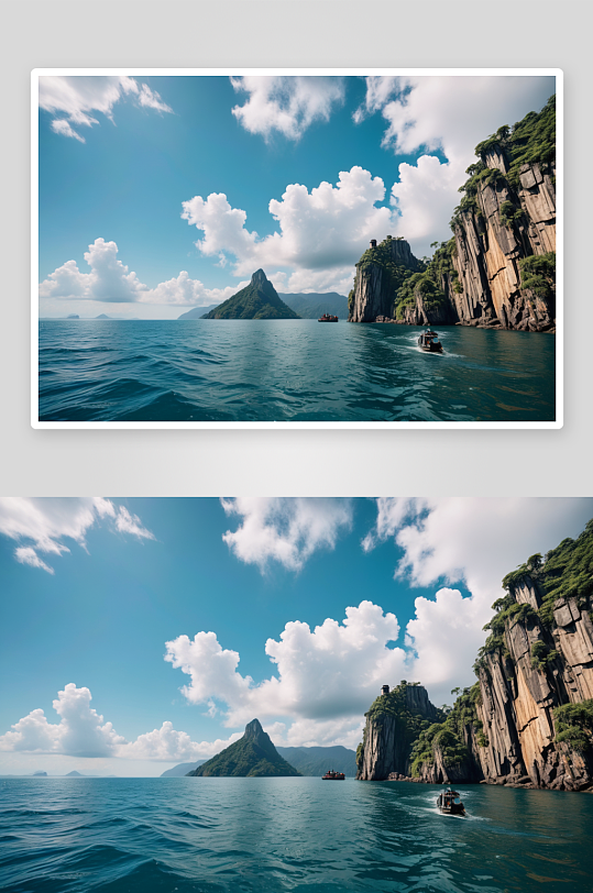 翡翠海海金刚山岛悬崖游轮高清特写图片