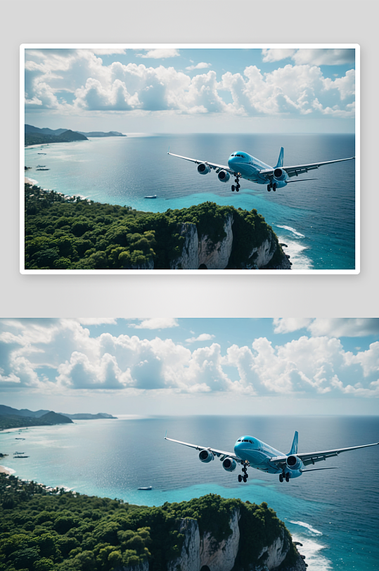 飞机飞行海滩海蓝色岛旅游概念图片
