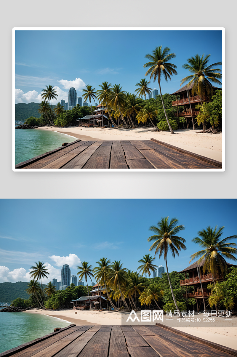 大东海风光海边沙滩椰树城天际线木栈道图片素材