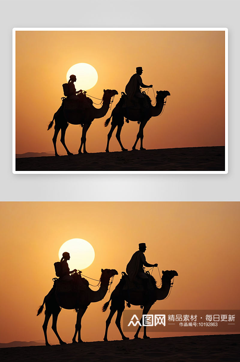 日落时骑着骆驼剪影图片素材