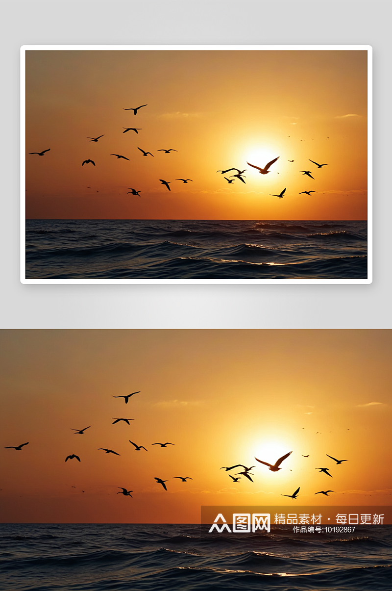 日落时鸟儿飞过海面对天空剪影图片素材