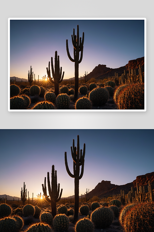 日落时分仙人掌沙漠景观剪影图片