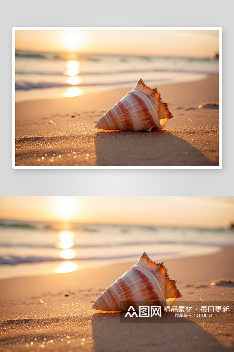 日落海滩海螺壳图片素材