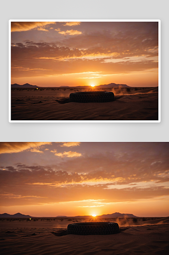 日出日落时分沙漠沙丘车轮胎印沙地图片