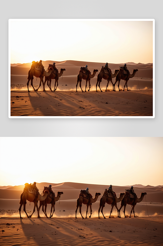 骆驼队走沙漠热沙夕阳照耀下闪闪发光图片