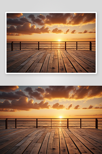 空木制阳台海边日落天空自然背景图片