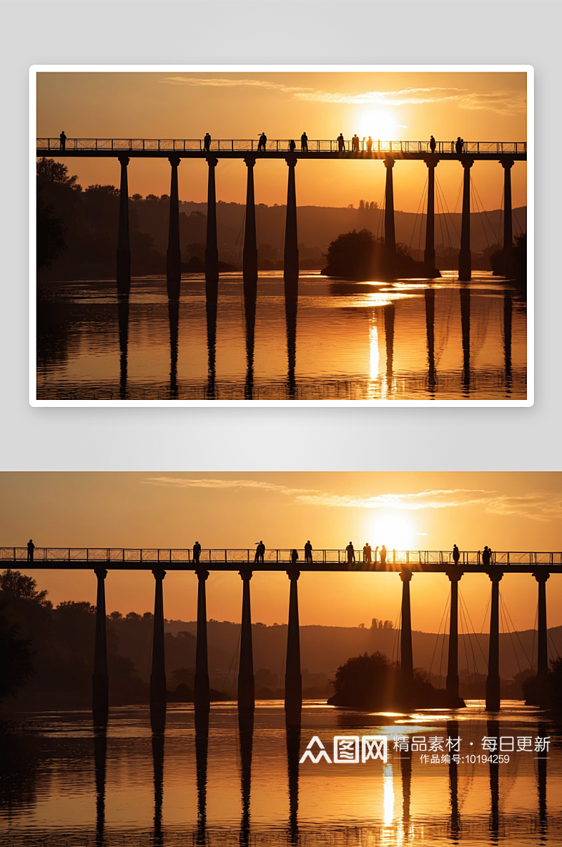 剪影人桥河对天空日落图片素材